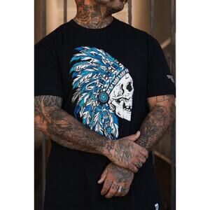 Y2K Native American Skull T-Shirt Headdress Indian Chief Tribal Black Mens 2XL